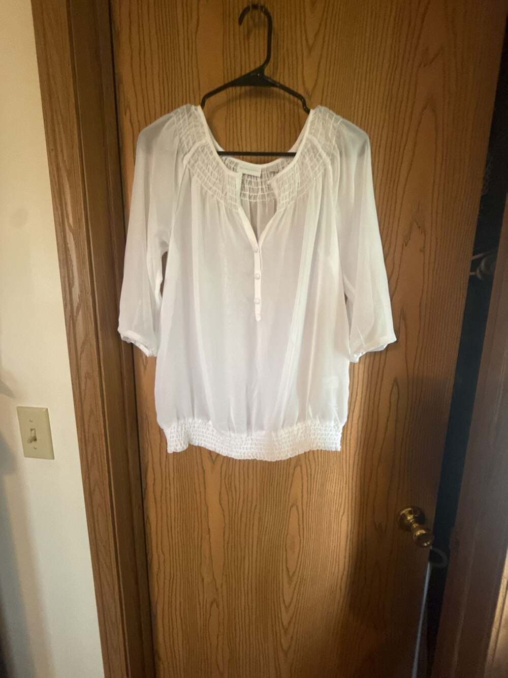 New York & Company White Sheer Smocked Blouse with Button Front